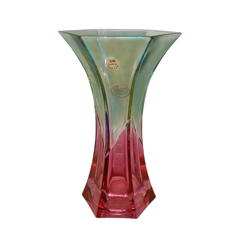 1970s Exquisited Handcrafted Green and Pink Vase by Neri in Crystal. Made in Italy