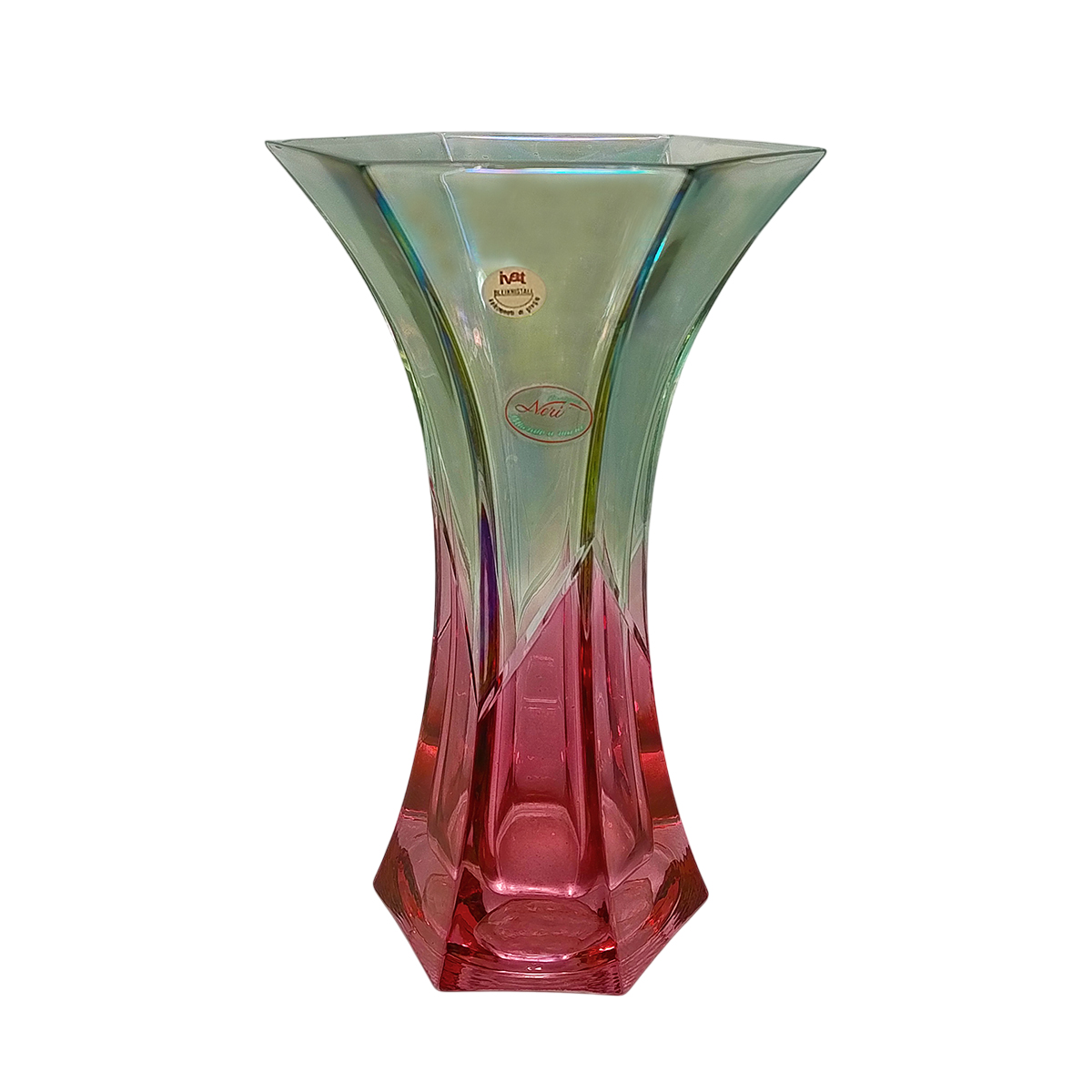 1970s Exquisited Handcrafted Green and Pink Vase by Neri in Crystal. Made in Italy
