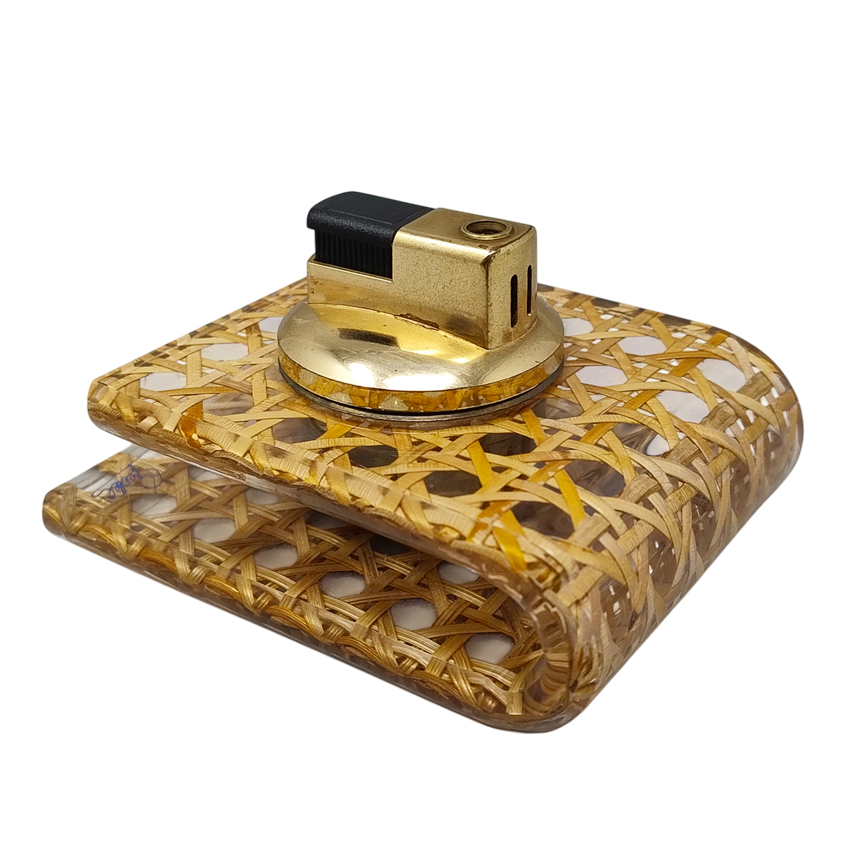 1970s Stunning Table Lighter in Vienna Straw By Geolel. Made in Italy