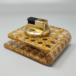 1970s Stunning Table Lighter in Vienna Straw By Geolel. Made in Italy