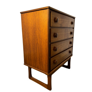 Mid-Century Danish Style Teak & Mahogany Tallboy Chest of Drawers on Sleigh Legs.