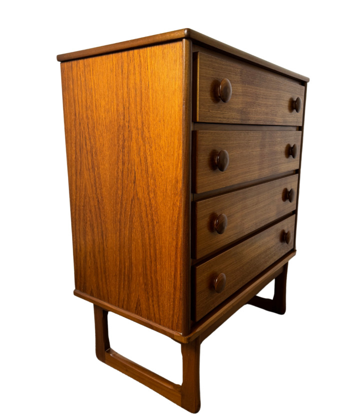 Mid-Century Danish Style Teak & Mahogany Tallboy Chest of Drawers on Sleigh Legs.