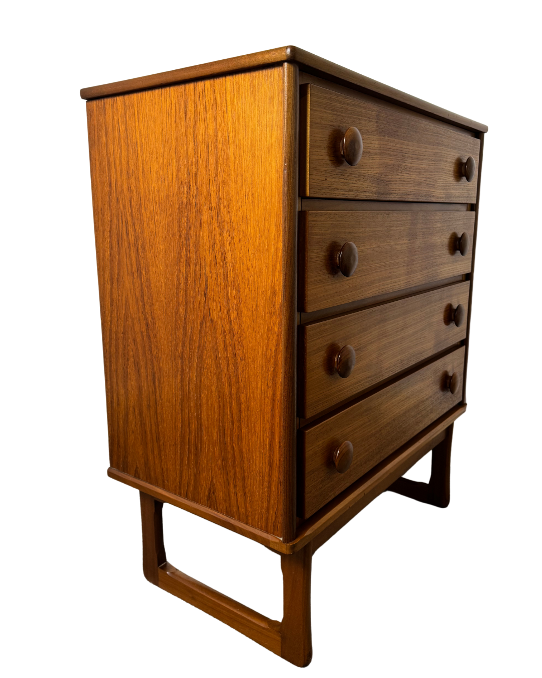 Mid-Century Danish Style Teak & Mahogany Tallboy Chest of Drawers on Sleigh Legs.