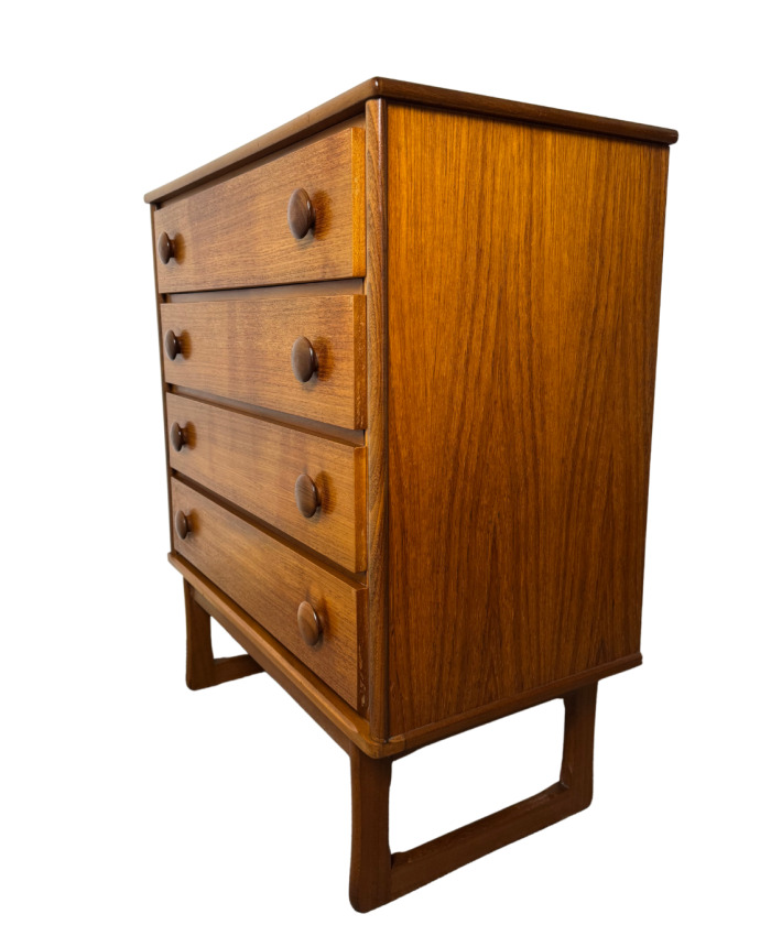 Mid-Century Danish Style Teak & Mahogany Tallboy Chest of Drawers on Sleigh Legs.