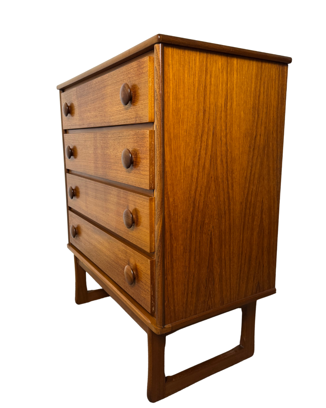 Mid-Century Danish Style Teak & Mahogany Tallboy Chest of Drawers on Sleigh Legs.