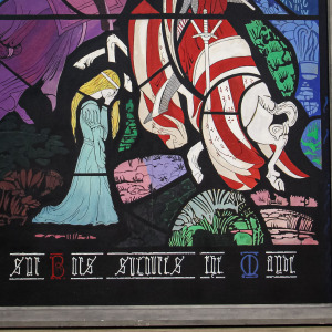 Large 1970s Painting Chivalric Stained Glass Theme