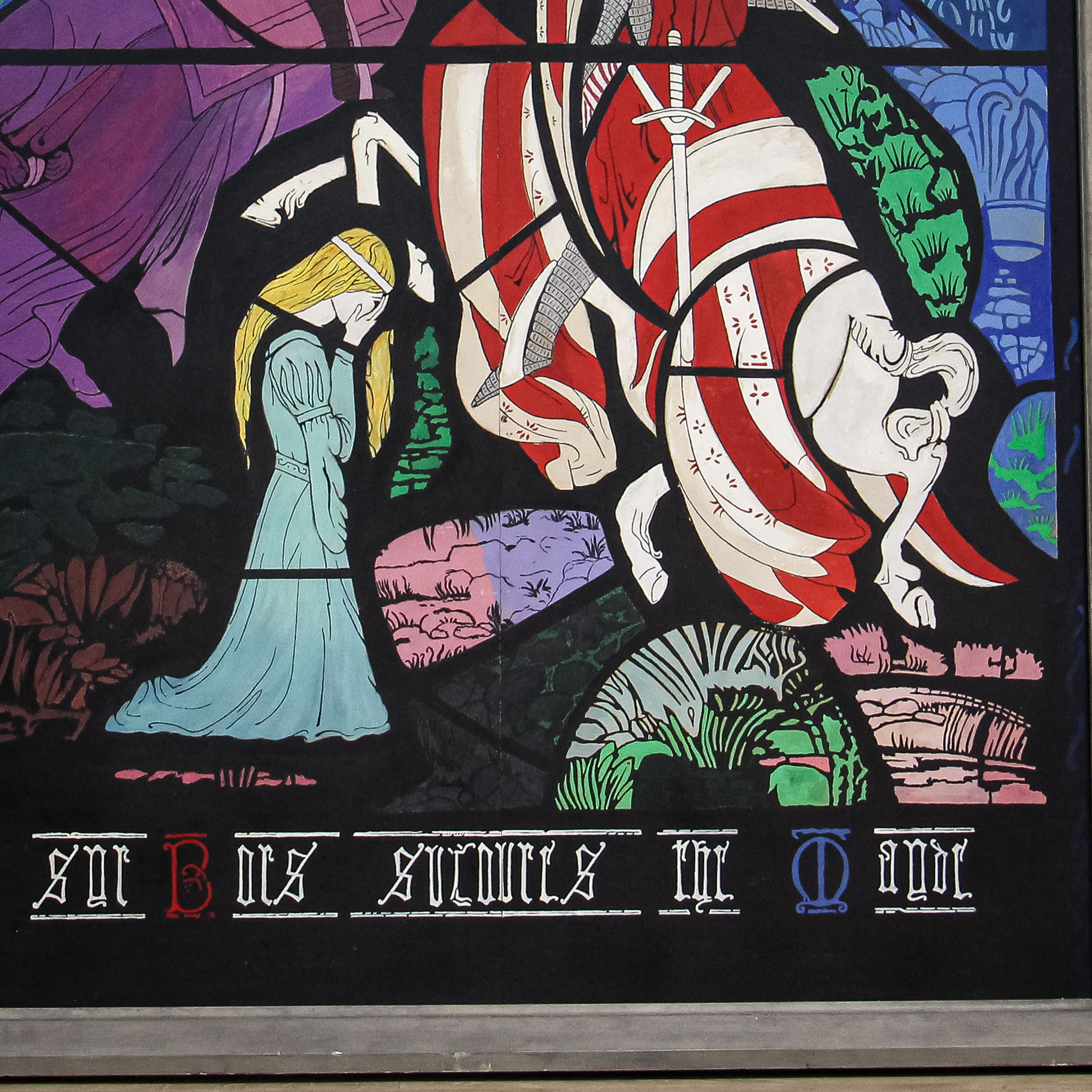 Large 1970s Painting Chivalric Stained Glass Theme