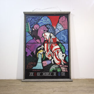 Large 1970s Painting Chivalric Stained Glass Theme