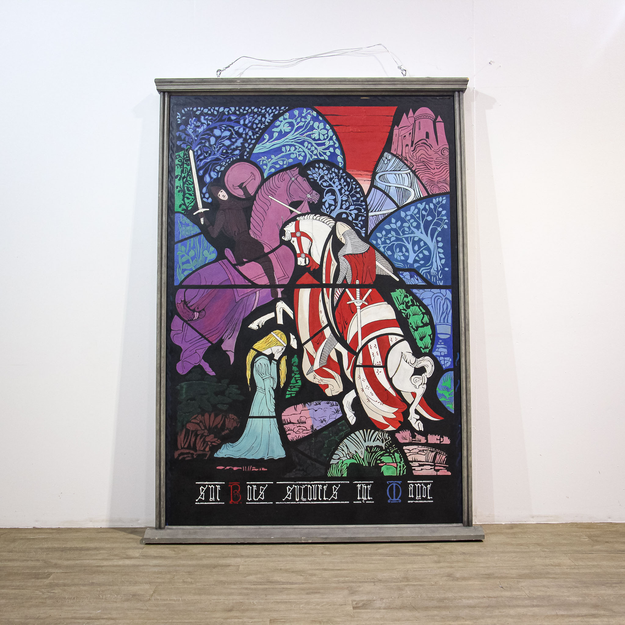 Large 1970s Painting Chivalric Stained Glass Theme