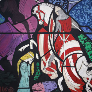 Large 1970s Painting Chivalric Stained Glass Theme
