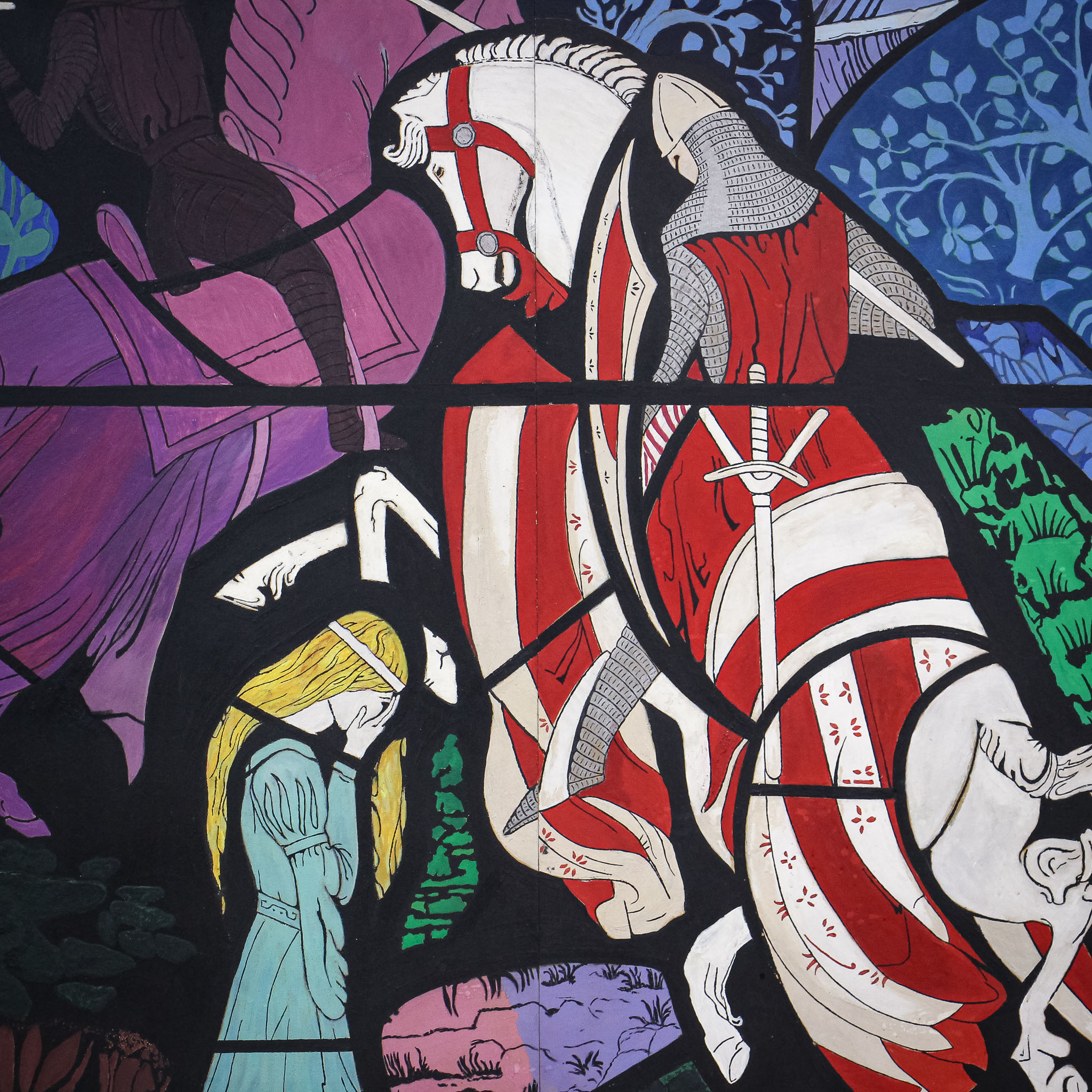 Large 1970s Painting Chivalric Stained Glass Theme