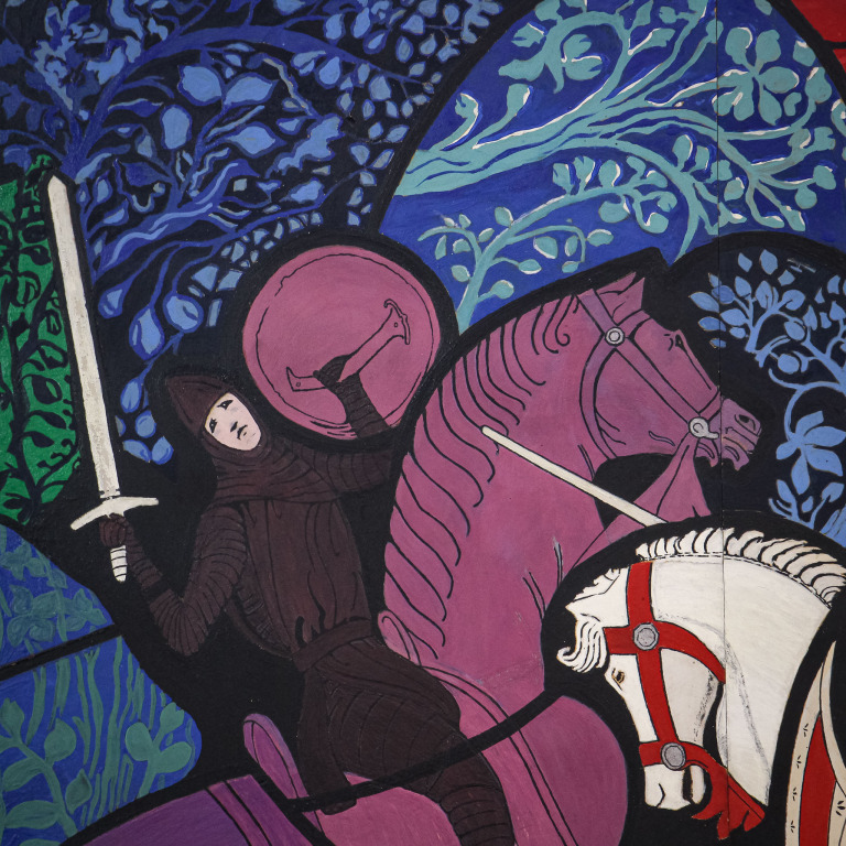 Large 1970s Painting Chivalric Stained Glass Theme - Image 5