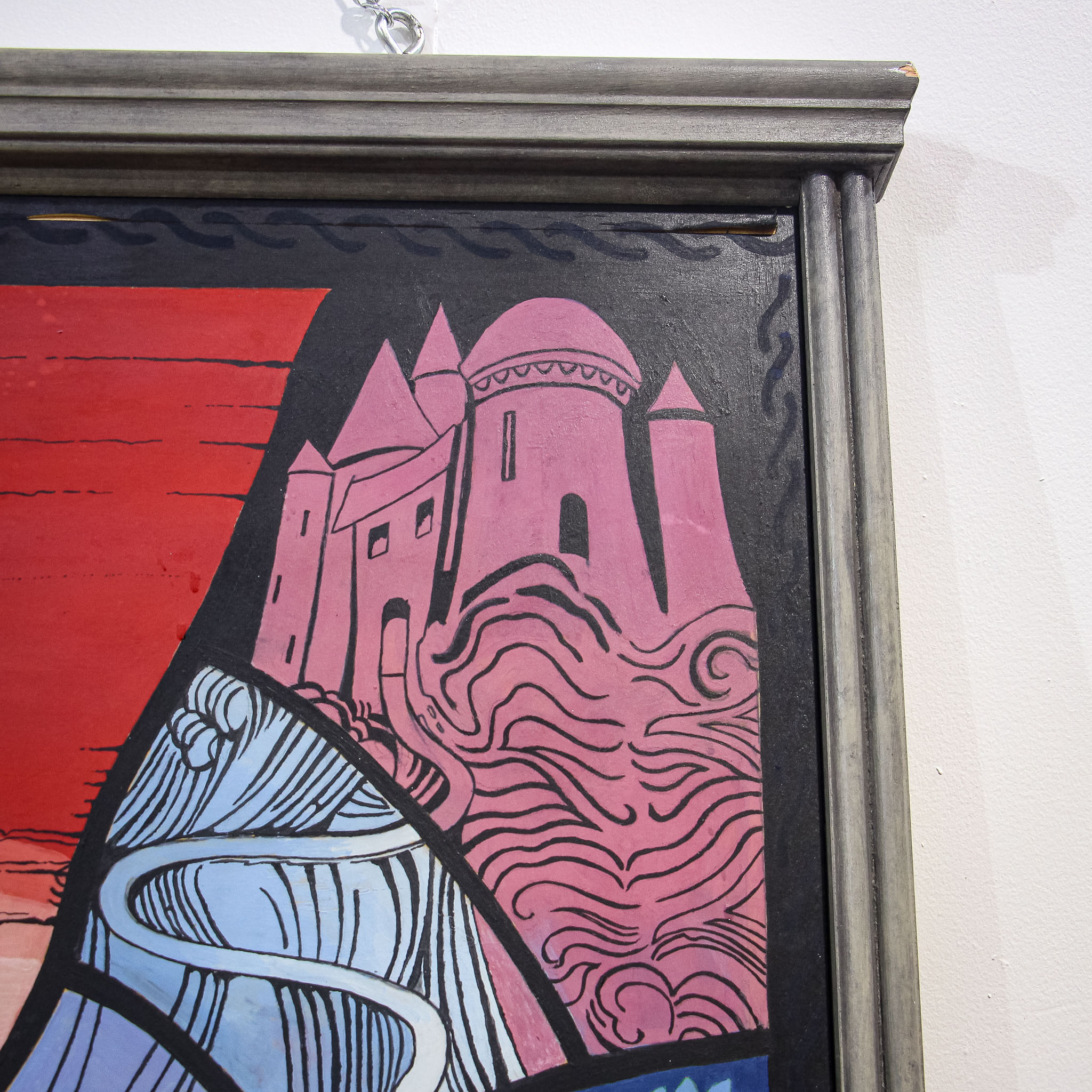 Large 1970s Painting Chivalric Stained Glass Theme
