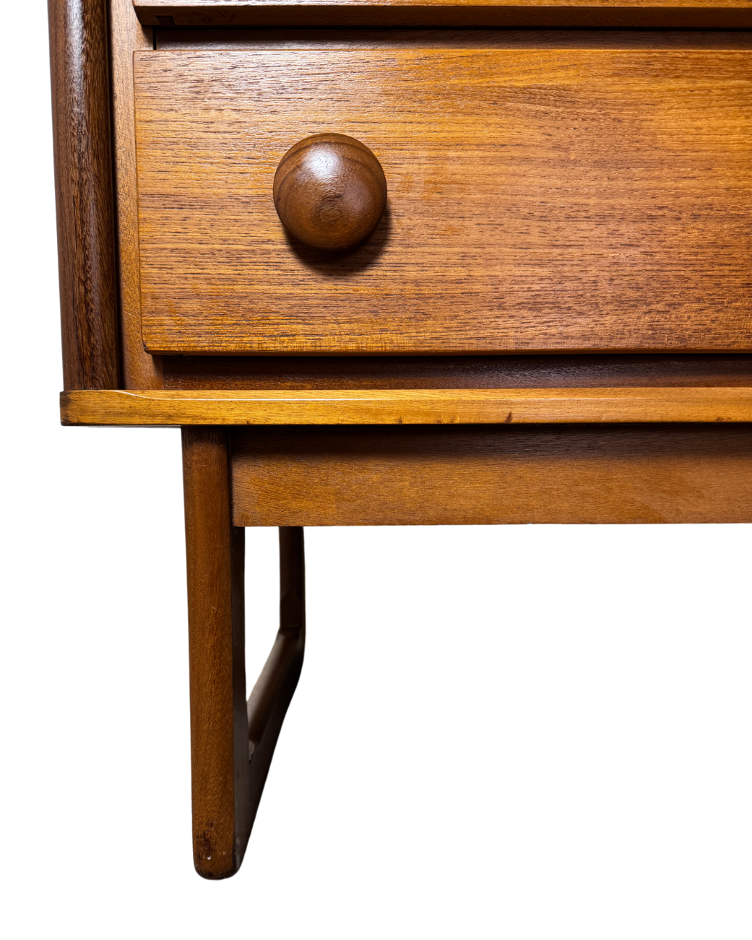 Mid-Century Danish Style Teak & Mahogany Tallboy Chest of Drawers on Sleigh Legs.