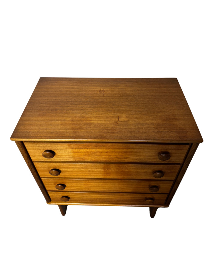 Mid-Century Danish Style Teak & Mahogany Tallboy Chest of Drawers on Sleigh Legs.