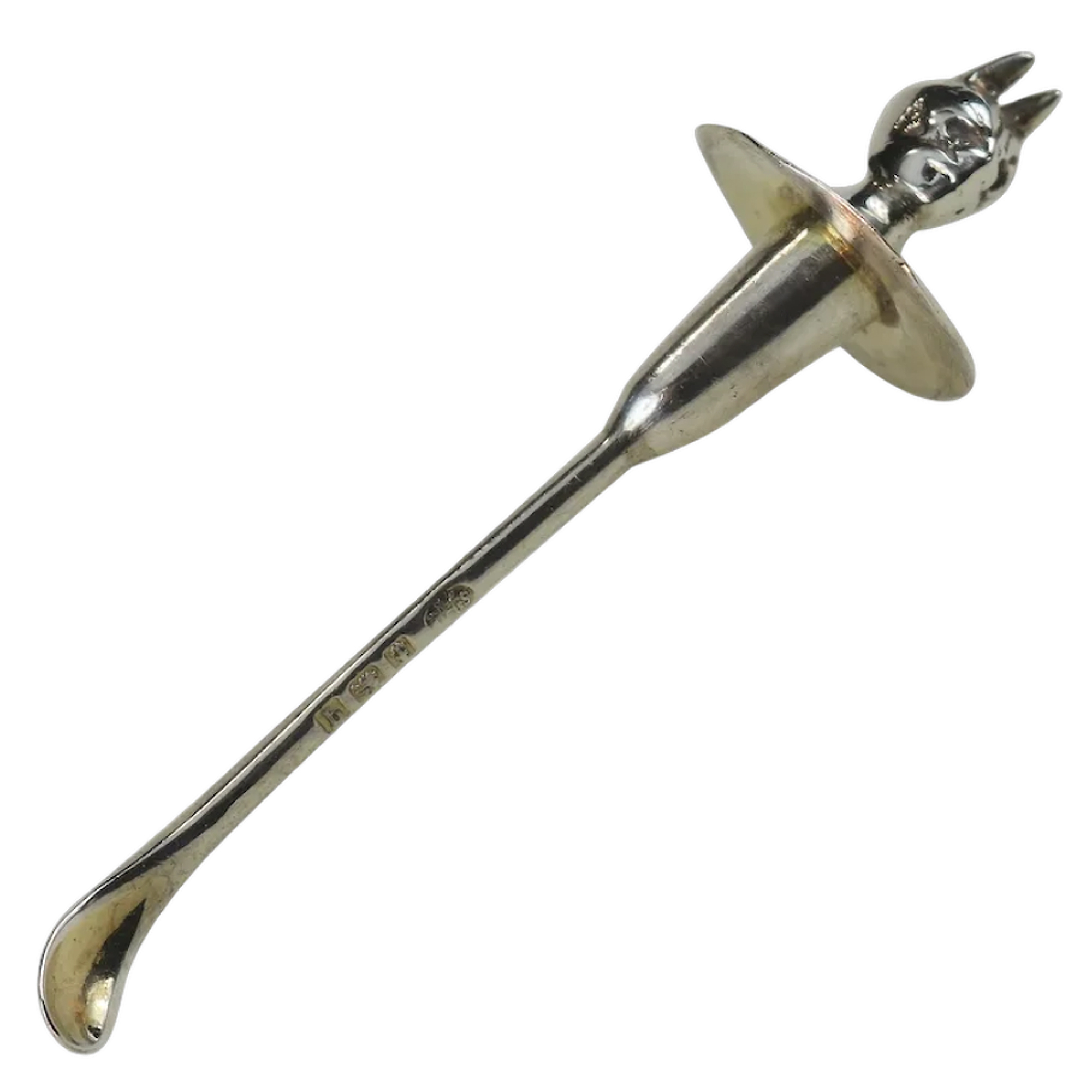 An antique English solid silver Devil finial Cayenne Pepper Spoon C.1915