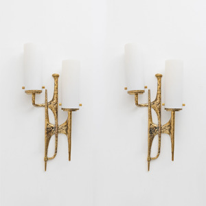 Pair Of Brutalist Bronze Wall And Murano Glass Sconces By Felix Agostini, 1990s