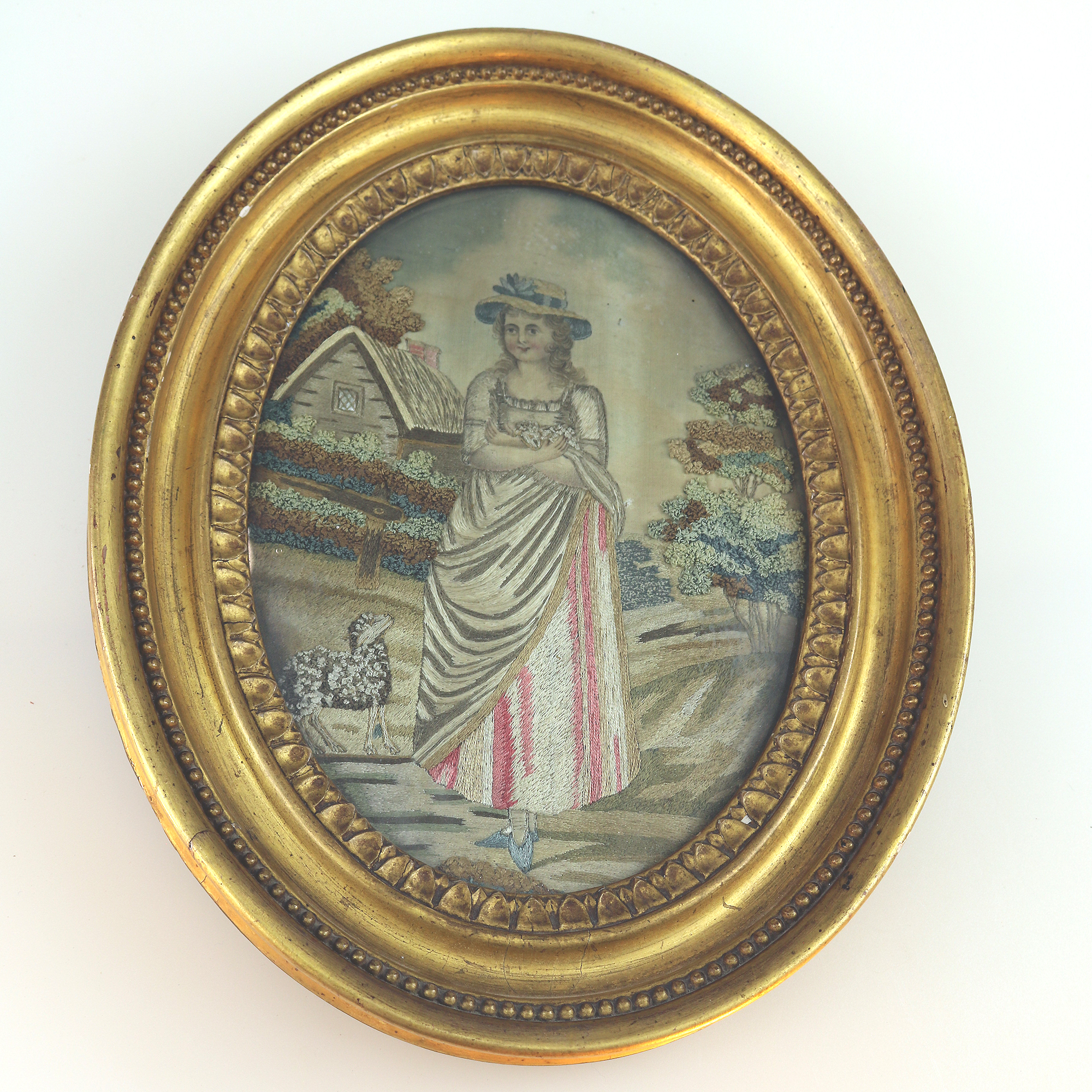 A charming antique Georgian embroidered & watercolour Pastoral Picture C.1800