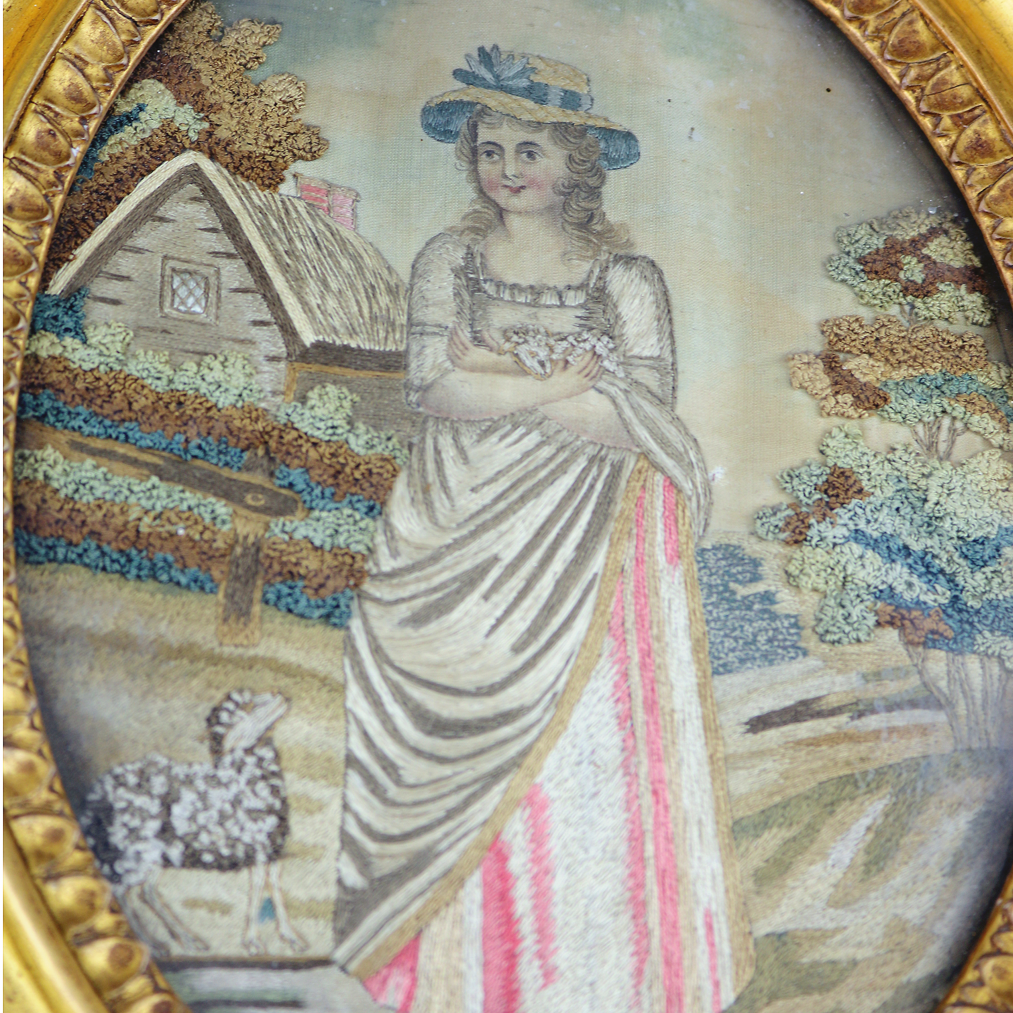 A charming antique Georgian embroidered & watercolour Pastoral Picture C.1800