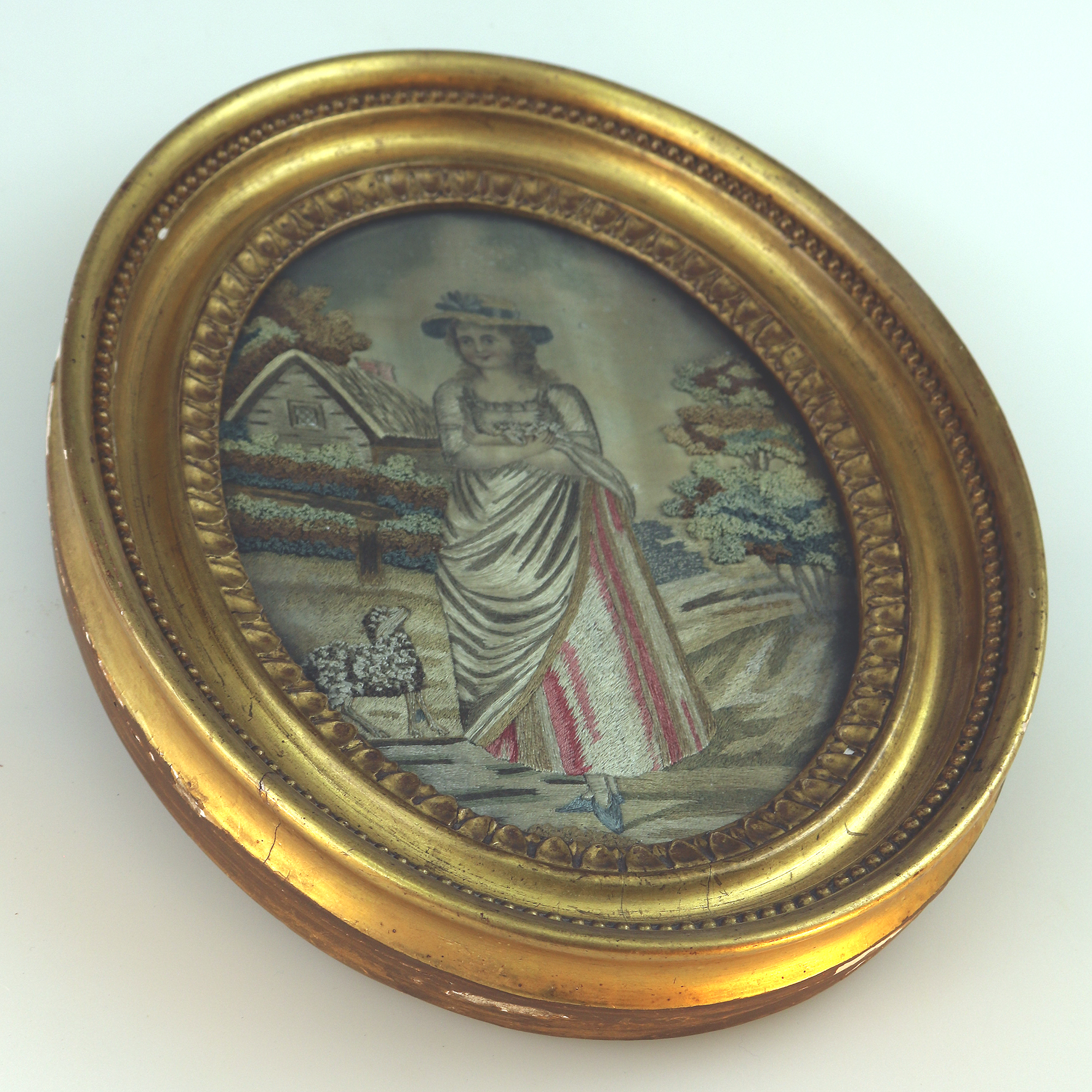 A charming antique Georgian embroidered & watercolour Pastoral Picture C.1800