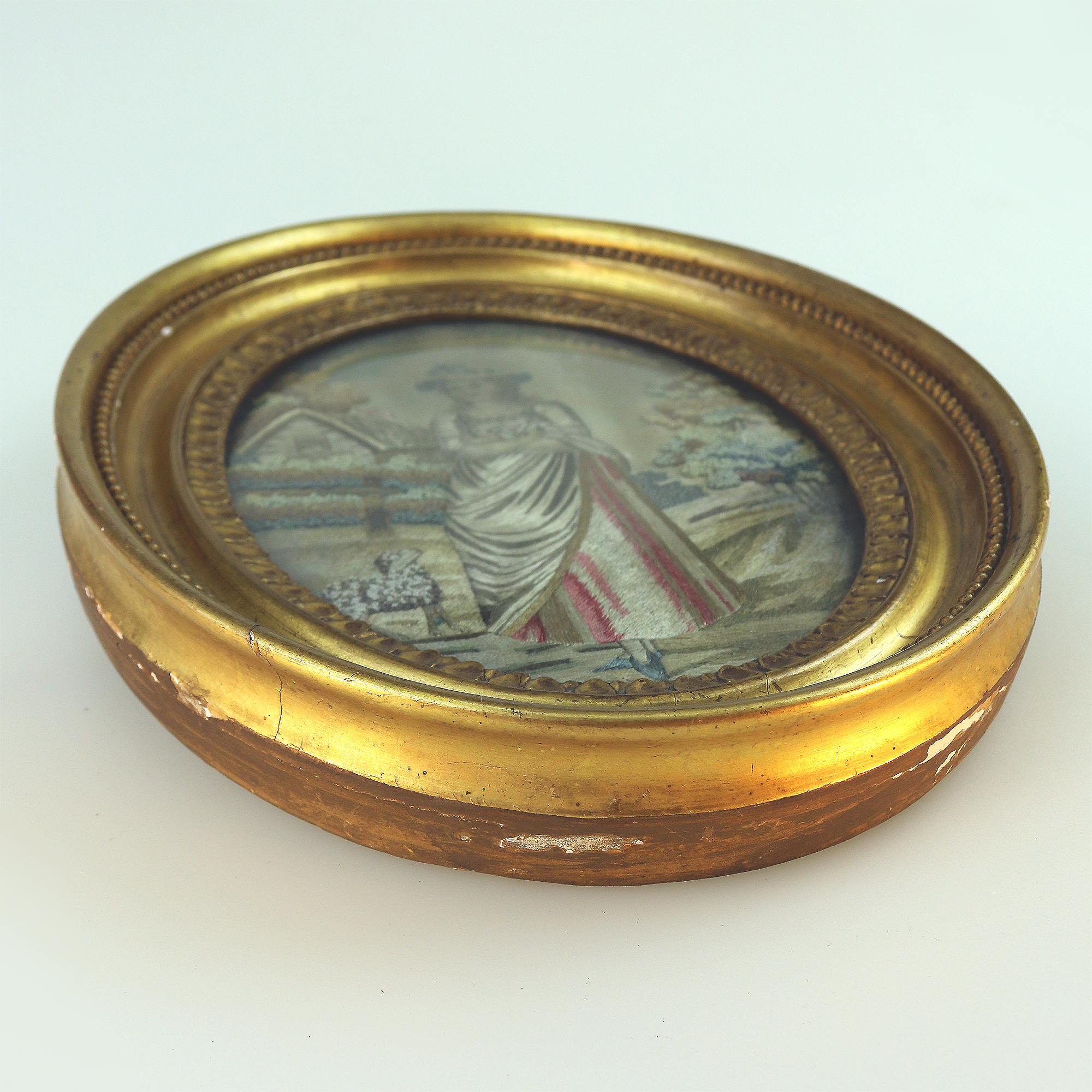 A charming antique Georgian embroidered & watercolour Pastoral Picture C.1800