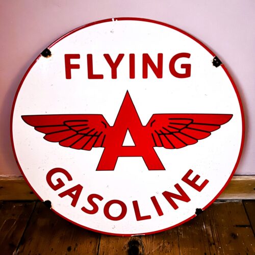 Original Midcentury American Vintage Flying A Gasoline Double Sided Advertising Sign Metal And Enamel 1950-1960