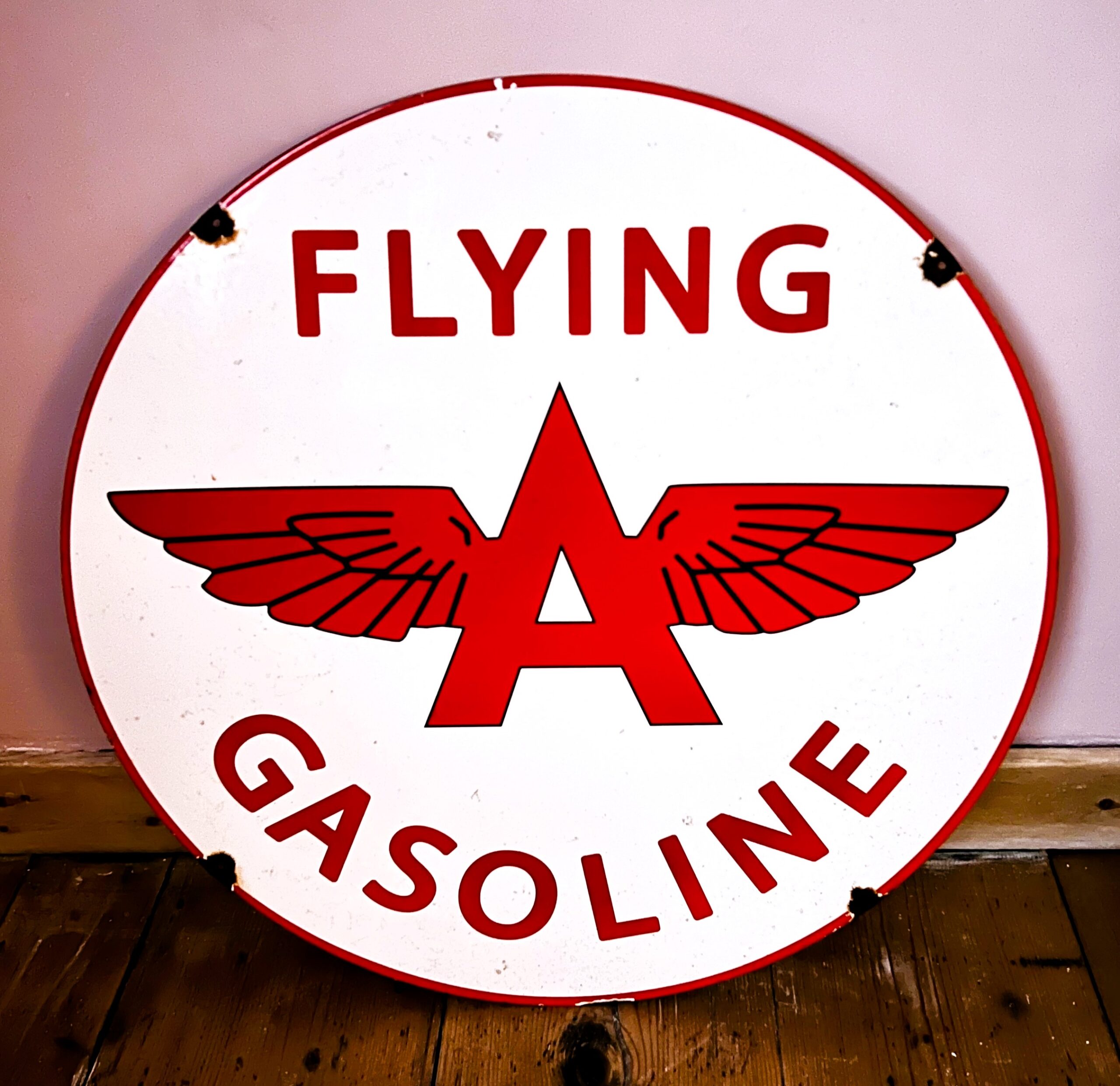 Original Midcentury American Vintage Flying A Gasoline Double Sided Advertising Sign Metal And Enamel 1950-1960