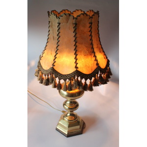 XL - Mid Century table lamp on a heavy opulent brass foot - leather lampshade - Vintage