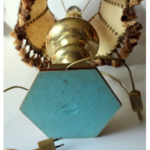 XL - Mid Century table lamp on a heavy opulent brass foot - leather lampshade - Vintage