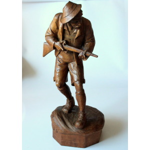 1930s - Antique handcarved wooden sculpture of a hunter
