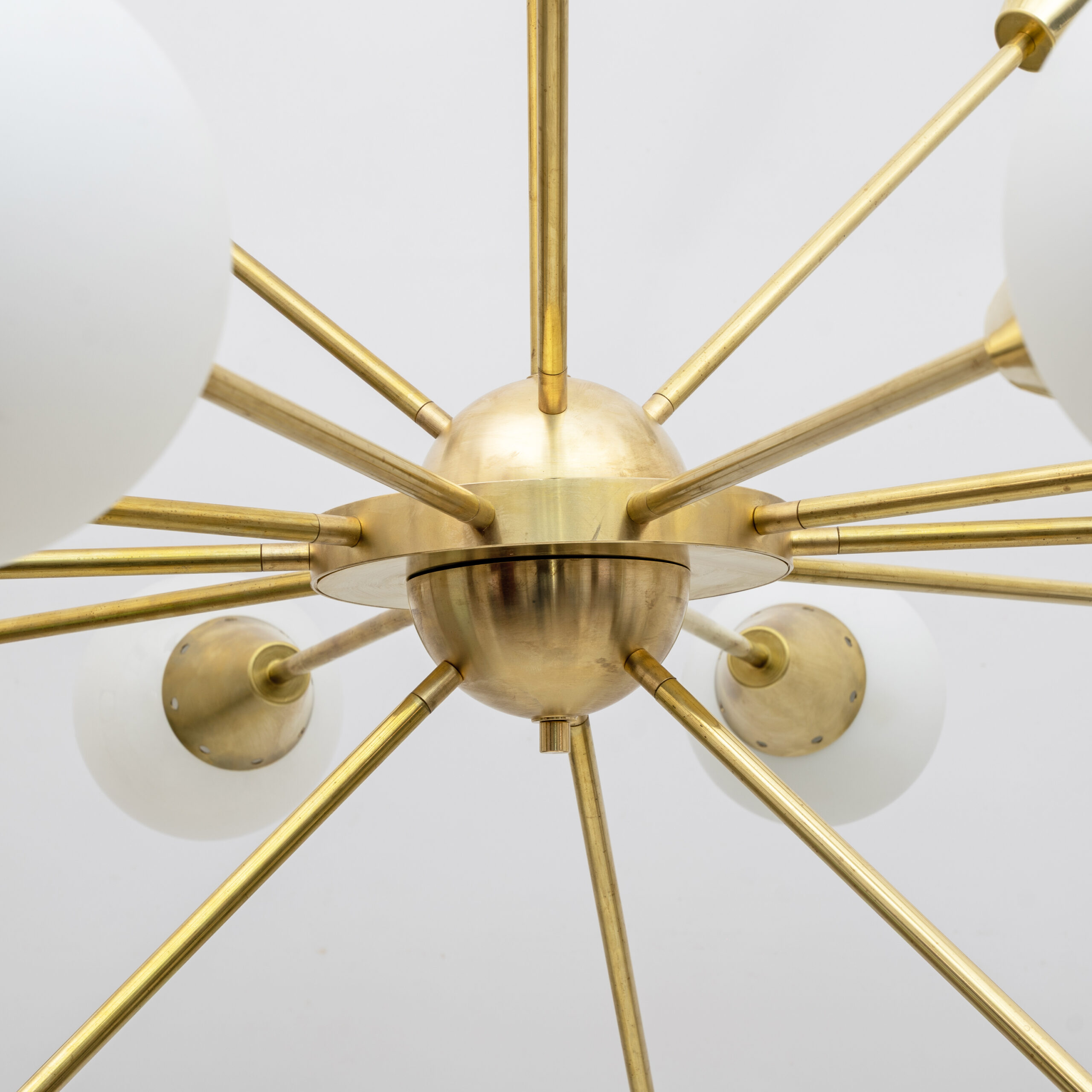 Mid-Century Modern Italian Brass and Glass Opaline Large Sputnik Chandelier, 70s
