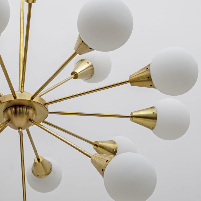 Mid-Century Modern Italian Brass and Glass Opaline Large Sputnik Chandelier, 70s