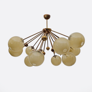 Mid-Century Italian Burnished Brass and Murano Glass Large Sputnik Chandelier
