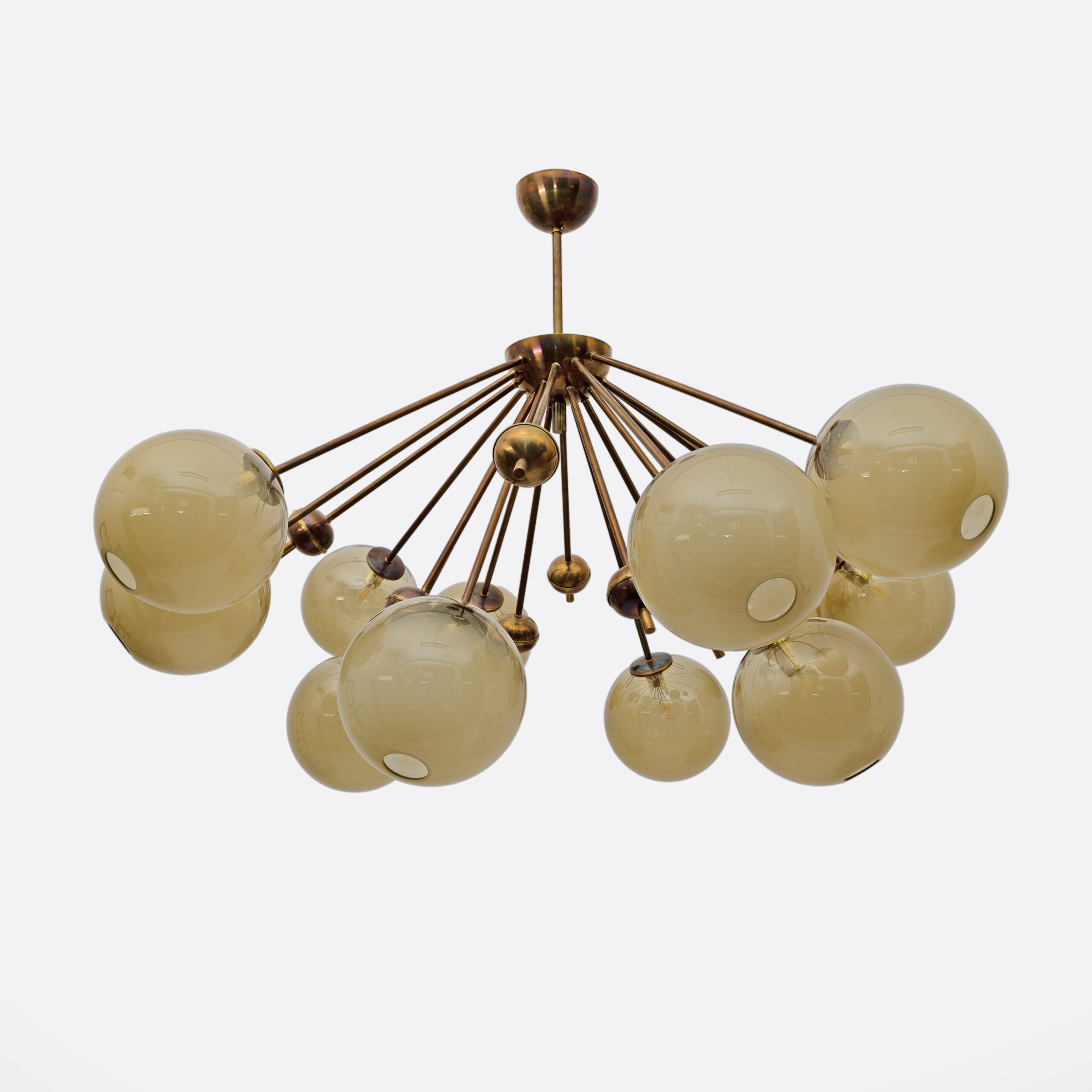 Mid-Century Italian Burnished Brass and Murano Glass Large Sputnik Chandelier