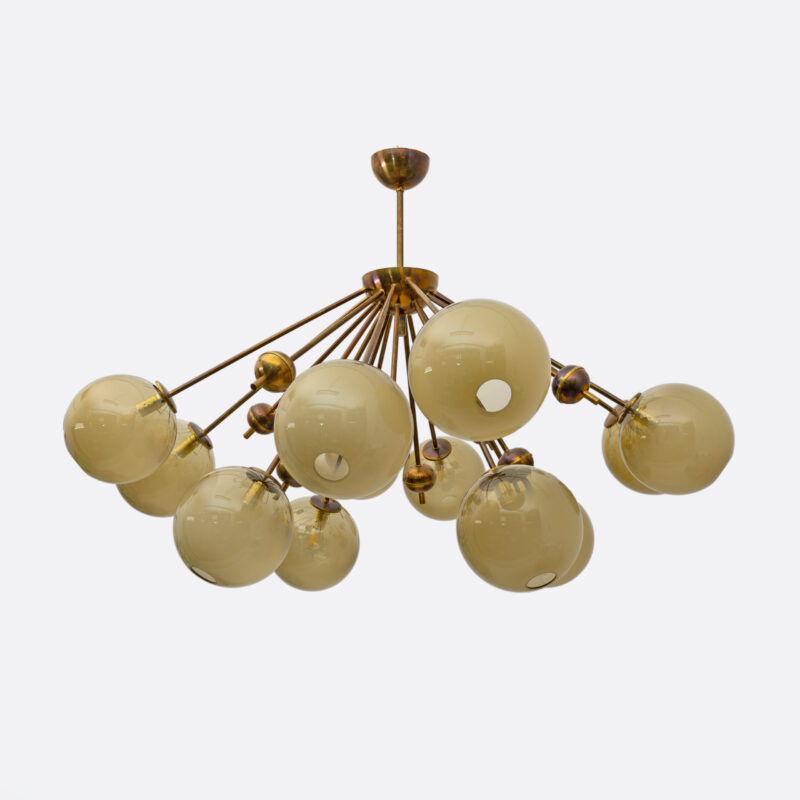 Mid-Century Italian Burnished Brass and Murano Glass Large Sputnik Chandelier