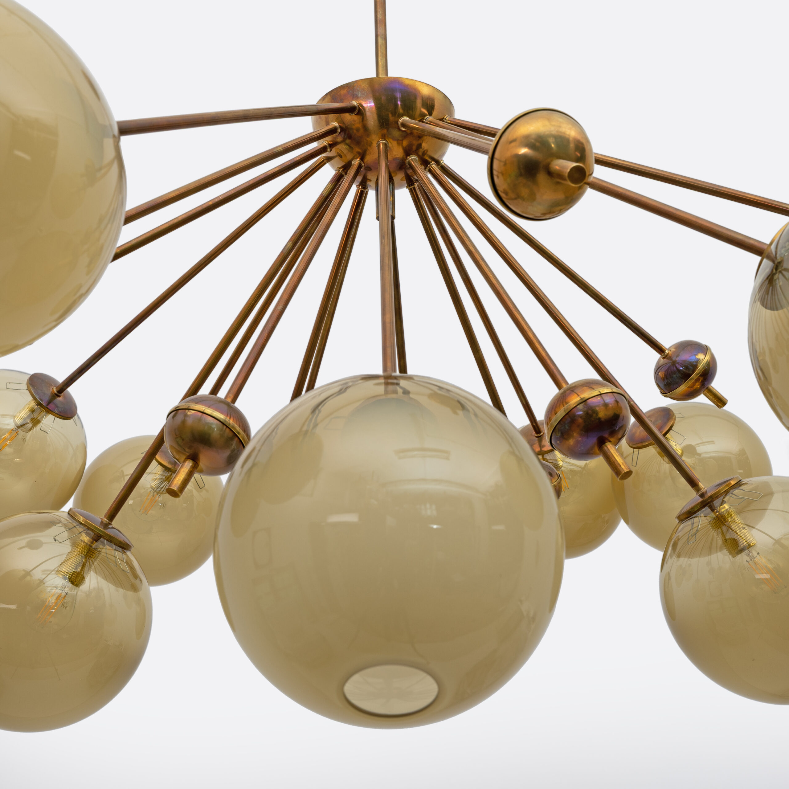 Mid-Century Italian Burnished Brass and Murano Glass Large Sputnik Chandelier