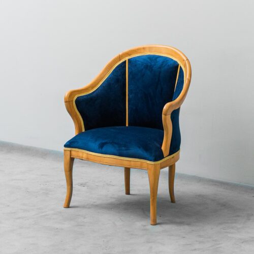 Vintage Armchair In Solid Wood Blue Velvet 1950s