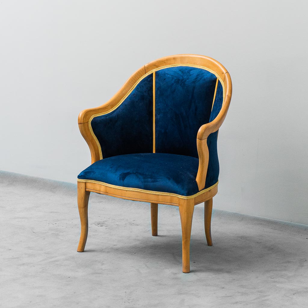 Vintage Armchair In Solid Wood Blue Velvet 1950s