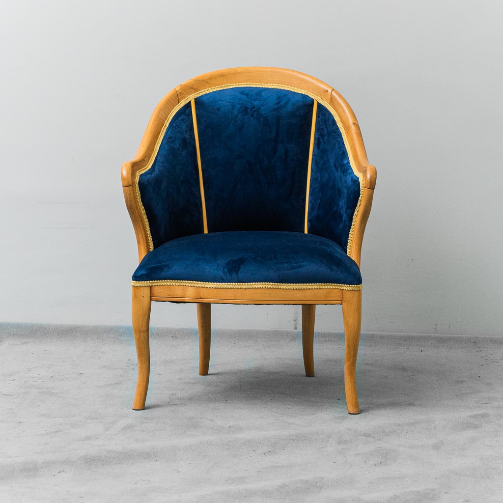 Vintage Armchair In Solid Wood Blue Velvet 1950s