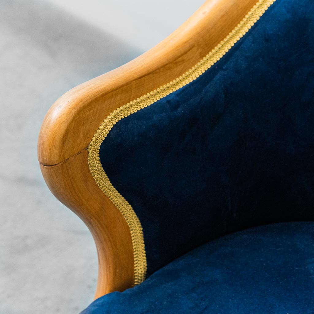 Vintage Armchair In Solid Wood Blue Velvet 1950s