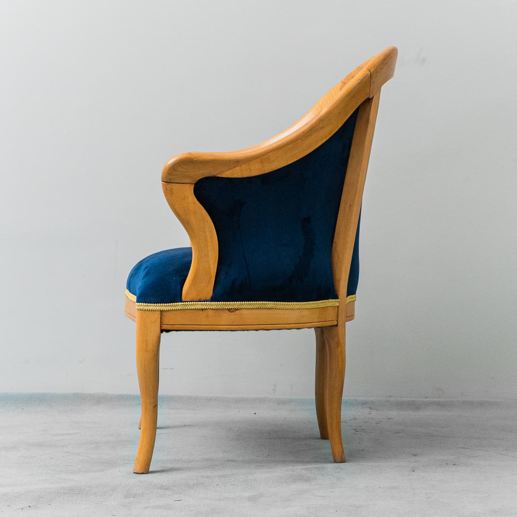 Vintage Armchair In Solid Wood Blue Velvet 1950s