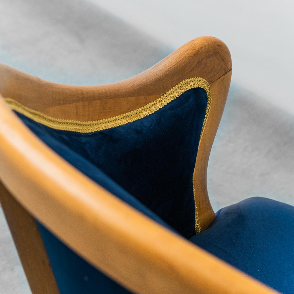 Vintage Armchair In Solid Wood Blue Velvet 1950s