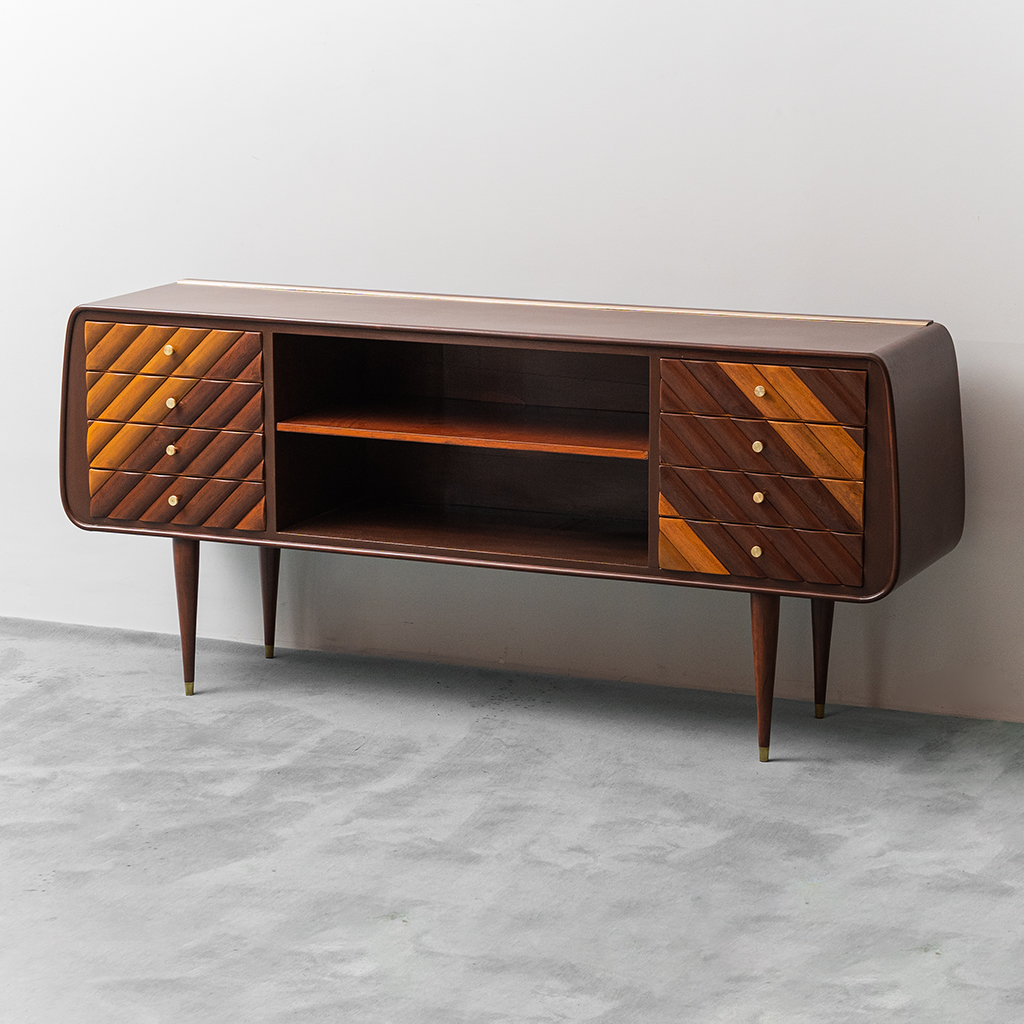 Vintage Wooden Sideboard With Brass Details From The 60s