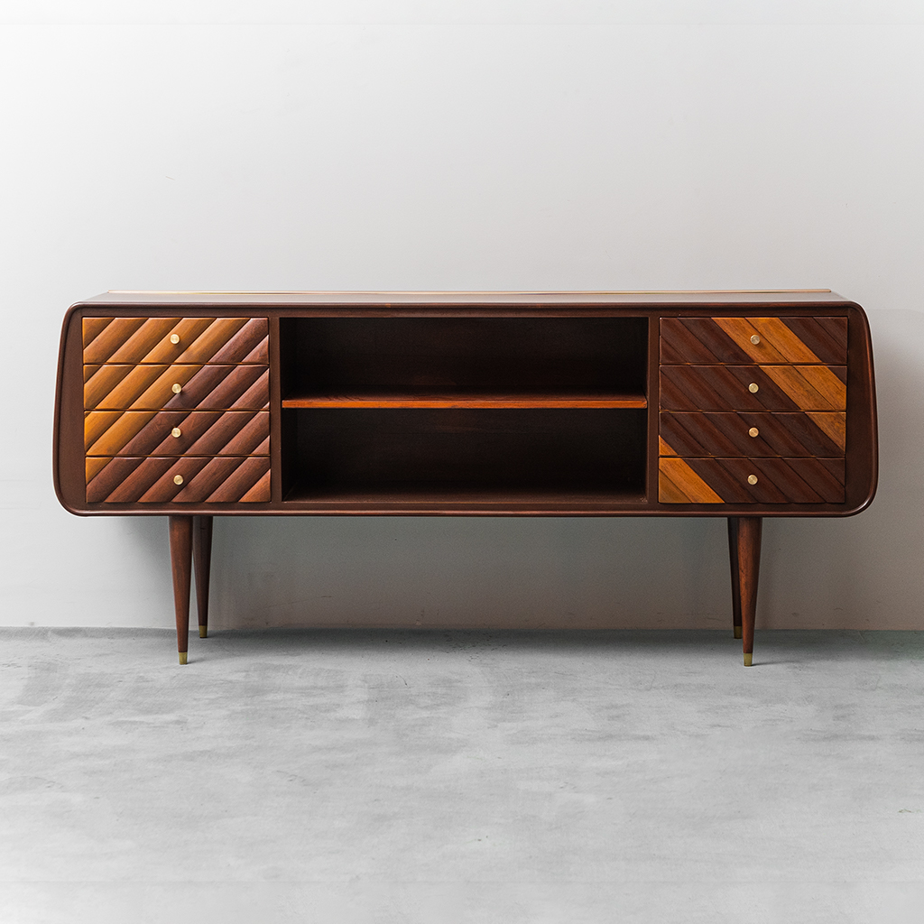 Vintage Wooden Sideboard With Brass Details From The 60s