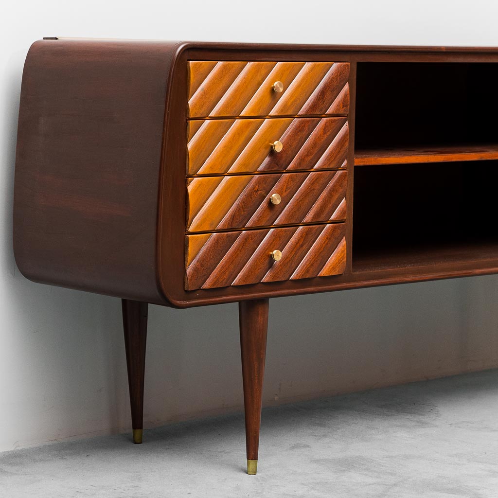 Vintage Wooden Sideboard With Brass Details From The 60s