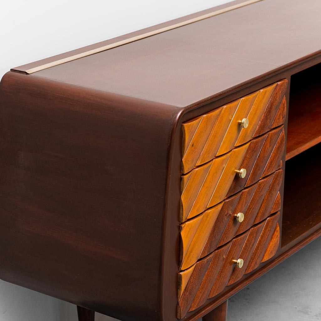 Vintage Wooden Sideboard With Brass Details From The 60s