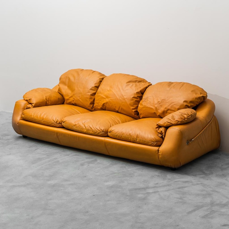 3 Seater Sofa Brown Leather 70s Vintage