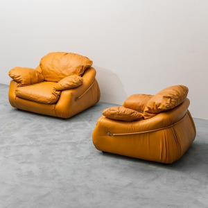 Pair Of 70s Vintage Modern Brown Leather Armchairs