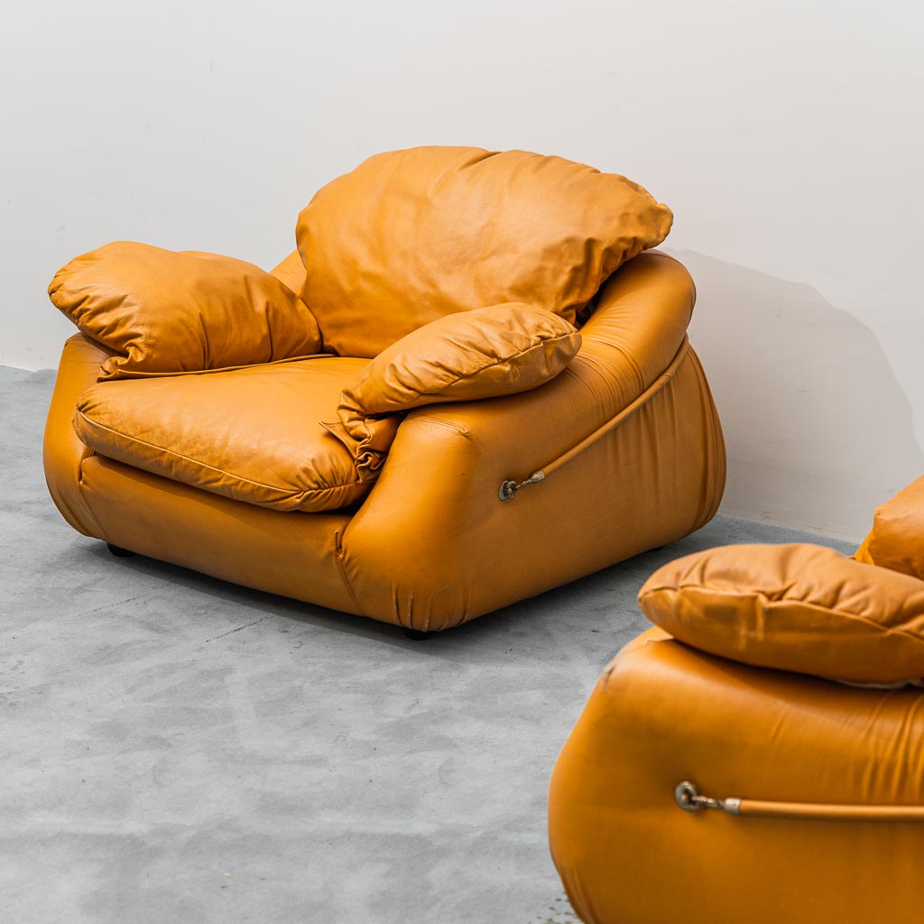 Pair Of 70s Vintage Modern Brown Leather Armchairs