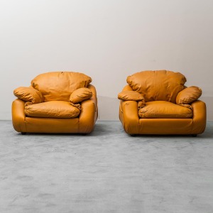 Pair Of 70s Vintage Modern Brown Leather Armchairs